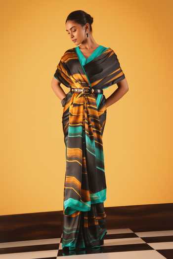 Buy_Satya Paul_Black Georgette, Satin Golden Years Printed Saree _at_Aza_Fashions