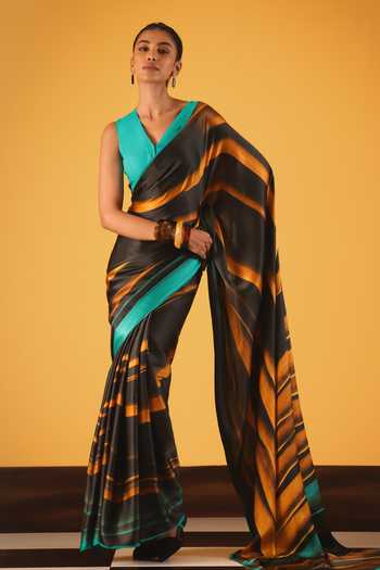 Satya Paul_Black Georgette, Satin Golden Years Printed Saree _Online_at_Aza_Fashions