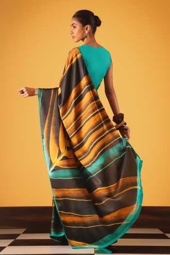 Shop_Satya Paul_Black Georgette, Satin Golden Years Printed Saree _at_Aza_Fashions