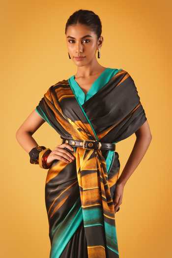 Buy_Satya Paul_Black Georgette, Satin Golden Years Printed Saree _Online_at_Aza_Fashions