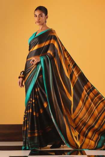 Shop_Satya Paul_Black Georgette, Satin Golden Years Printed Saree _Online_at_Aza_Fashions
