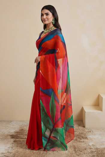 Satya Paul_Blue Silk, Chiffon A Song In Scarlet Printed Saree _at_Aza_Fashions