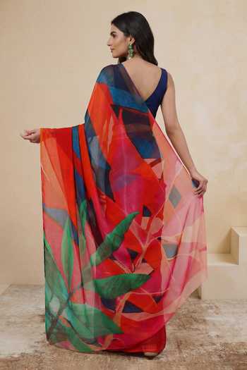Shop_Satya Paul_Blue Silk, Chiffon A Song In Scarlet Printed Saree _at_Aza_Fashions