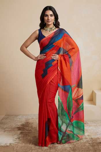 Buy_Satya Paul_Blue Silk, Chiffon A Song In Scarlet Printed Saree _at_Aza_Fashions