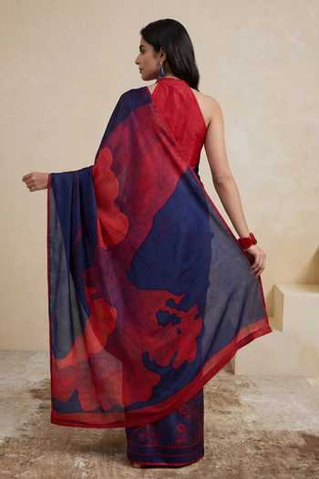 Shop_Satya Paul_Red Georgette, Satin Nightly Hymn Printed Saree _at_Aza_Fashions