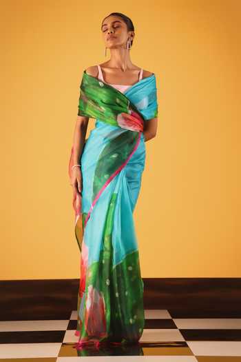 Satya Paul_Blue Sugar And Spikes Printed Saree _Online_at_Aza_Fashions