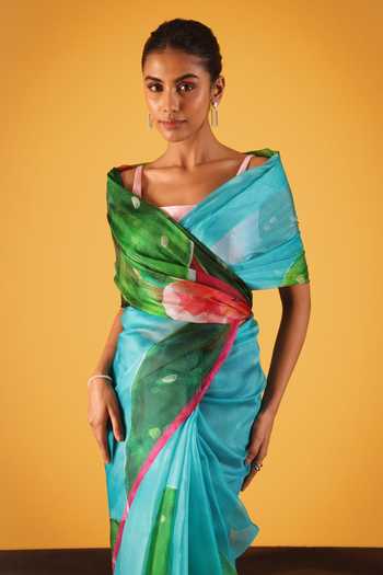 Shop_Satya Paul_Blue Sugar And Spikes Printed Saree _Online_at_Aza_Fashions
