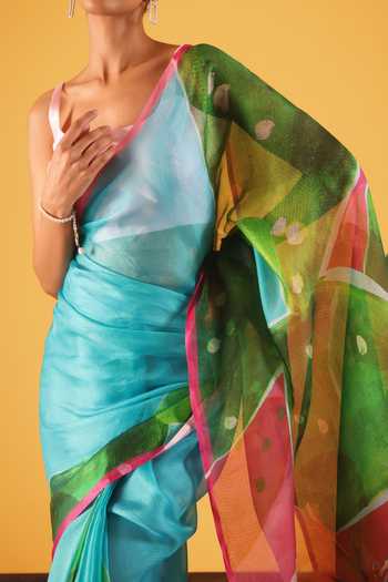 Satya Paul_Blue Sugar And Spikes Printed Saree _at_Aza_Fashions