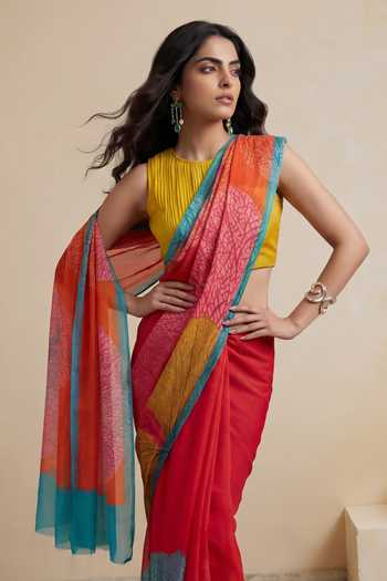 Satya Paul_Pink Silk, Chiffon Coral Sun Saree _Online_at_Aza_Fashions
