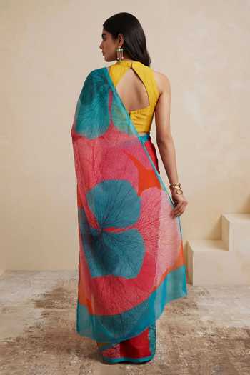 Shop_Satya Paul_Pink Silk, Chiffon Coral Sun Saree _at_Aza_Fashions