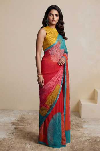 Buy_Satya Paul_Pink Silk, Chiffon Coral Sun Saree _Online_at_Aza_Fashions