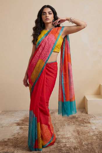 Satya Paul_Pink Silk, Chiffon Coral Sun Saree _at_Aza_Fashions