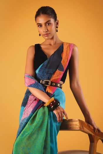 Satya Paul_Blue Silk, Crepe Coral Moon Printed Saree _Online_at_Aza_Fashions