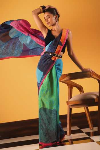 Buy_Satya Paul_Blue Silk, Crepe Coral Moon Printed Saree _at_Aza_Fashions