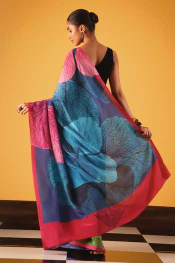 Shop_Satya Paul_Blue Silk, Crepe Coral Moon Printed Saree _at_Aza_Fashions
