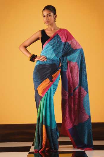 Buy_Satya Paul_Blue Silk, Crepe Coral Moon Printed Saree _Online_at_Aza_Fashions
