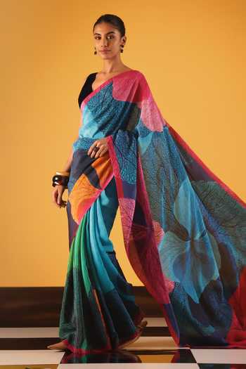 Shop_Satya Paul_Blue Silk, Crepe Coral Moon Printed Saree _Online_at_Aza_Fashions