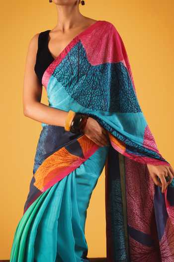 Satya Paul_Blue Silk, Crepe Coral Moon Printed Saree _at_Aza_Fashions
