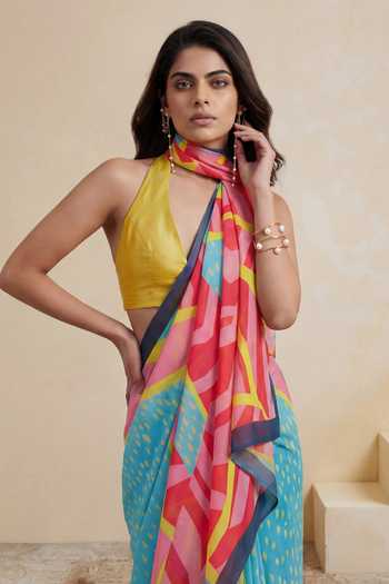 Satya Paul_Pink Silk, Georgette High Tide Print Saree _Online_at_Aza_Fashions
