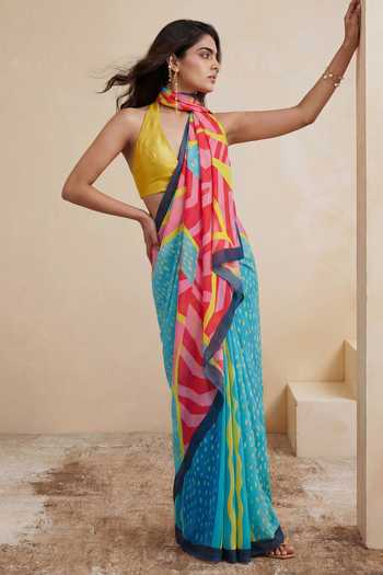 Buy_Satya Paul_Pink Silk, Georgette High Tide Print Saree _Online_at_Aza_Fashions