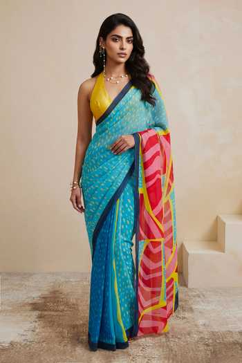 Buy_Satya Paul_Pink Silk, Georgette High Tide Print Saree _at_Aza_Fashions