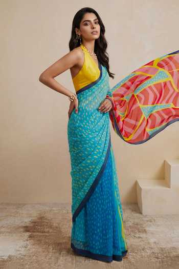 Shop_Satya Paul_Pink Silk, Georgette High Tide Print Saree _Online_at_Aza_Fashions