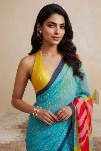 Satya Paul_Pink Silk, Georgette High Tide Print Saree _at_Aza_Fashions