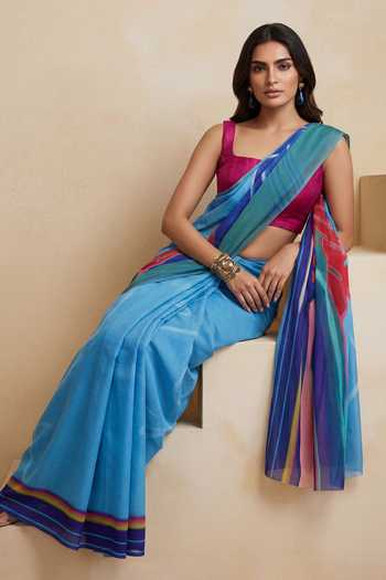 Satya Paul_Blue Silk, Georgette Visiting Ariel Print Saree _Online_at_Aza_Fashions
