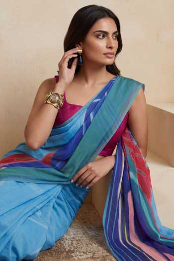 Buy_Satya Paul_Blue Silk, Georgette Visiting Ariel Print Saree _Online_at_Aza_Fashions