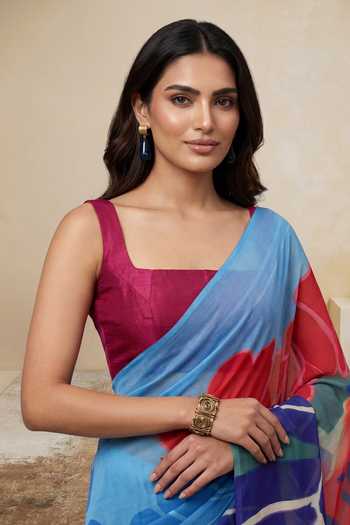 Shop_Satya Paul_Blue Silk, Georgette Visiting Ariel Print Saree _Online_at_Aza_Fashions
