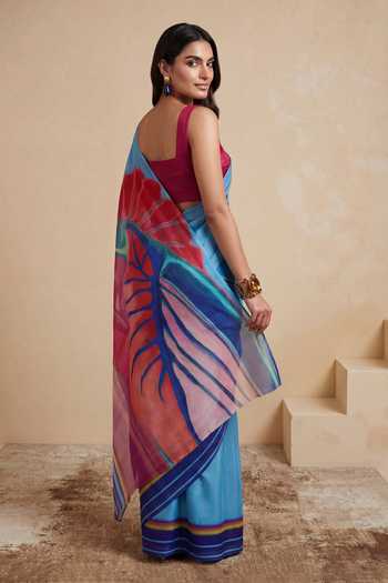 Shop_Satya Paul_Blue Silk, Georgette Visiting Ariel Print Saree _at_Aza_Fashions