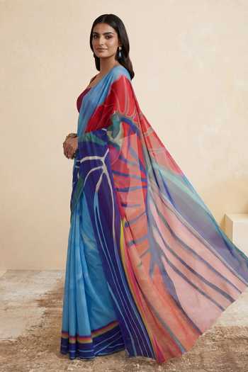 Satya Paul_Blue Silk, Georgette Visiting Ariel Print Saree _at_Aza_Fashions