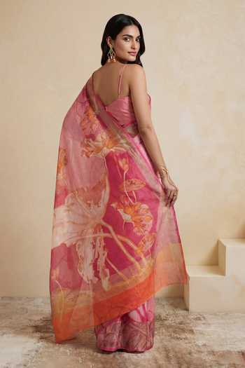 Shop_Satya Paul_Pink Linen Daisy Lane Print Saree _at_Aza_Fashions