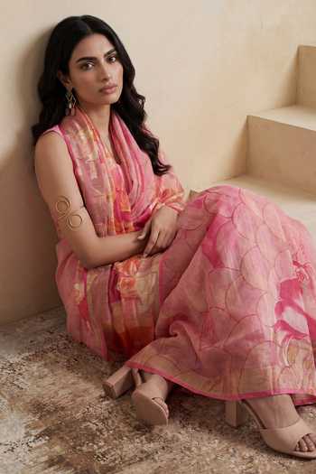 Satya Paul_Pink Linen Daisy Lane Print Saree _Online_at_Aza_Fashions