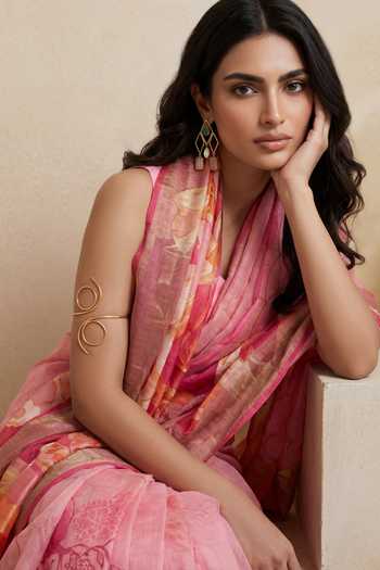 Buy_Satya Paul_Pink Linen Daisy Lane Print Saree _Online_at_Aza_Fashions