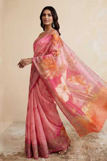 Shop_Satya Paul_Pink Linen Daisy Lane Print Saree _Online_at_Aza_Fashions