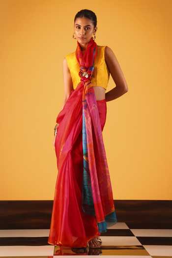 Satya Paul_Blue Silk Past Midnight Printed Saree _Online_at_Aza_Fashions