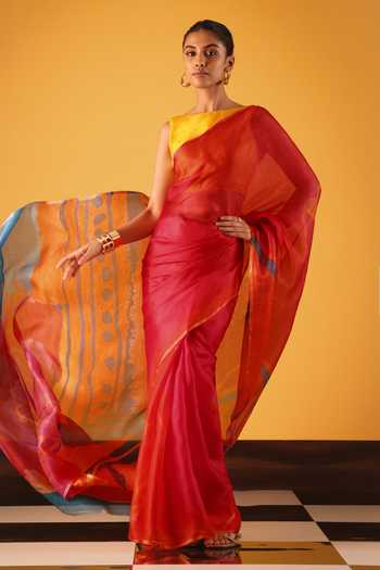 Buy_Satya Paul_Blue Silk Past Midnight Printed Saree _at_Aza_Fashions
