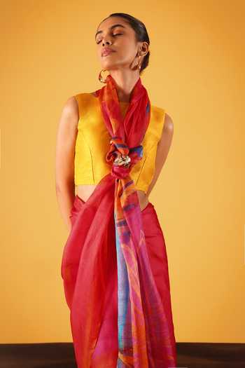 Shop_Satya Paul_Blue Silk Past Midnight Printed Saree _Online_at_Aza_Fashions