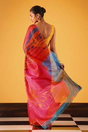 Shop_Satya Paul_Blue Silk Past Midnight Printed Saree _at_Aza_Fashions