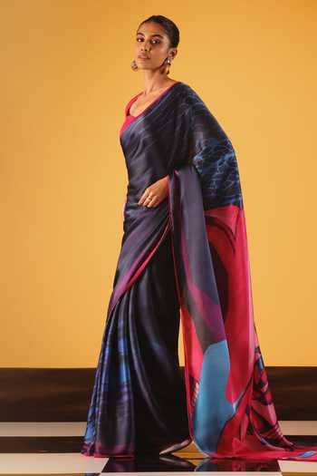 Satya Paul_Pink Georgette, Satin Damascus Rose Saree _Online_at_Aza_Fashions
