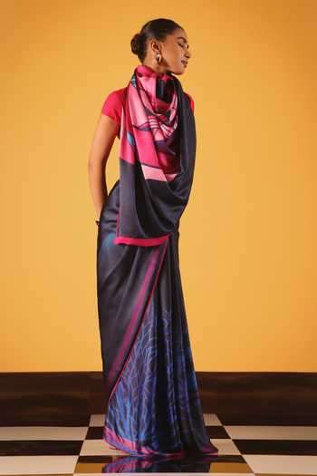 Buy_Satya Paul_Pink Georgette, Satin Damascus Rose Saree _Online_at_Aza_Fashions