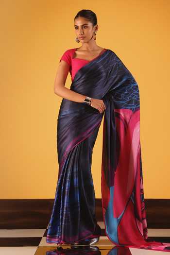 Buy_Satya Paul_Pink Georgette, Satin Damascus Rose Saree _at_Aza_Fashions