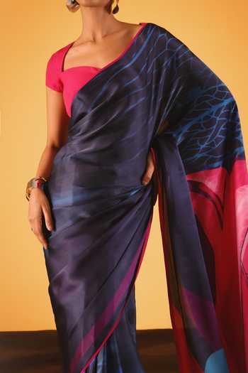 Satya Paul_Pink Georgette, Satin Damascus Rose Saree _at_Aza_Fashions