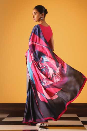 Shop_Satya Paul_Pink Georgette, Satin Damascus Rose Saree _at_Aza_Fashions