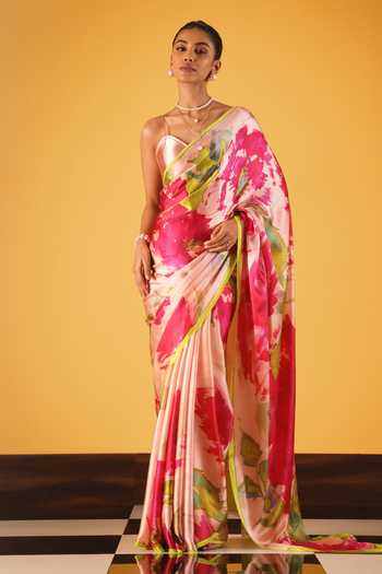 Buy_Satya Paul_Pink Silk, Georgette, Satin Vienna Sunset Printed Saree _at_Aza_Fashions