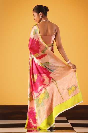 Shop_Satya Paul_Pink Silk, Georgette, Satin Vienna Sunset Printed Saree _at_Aza_Fashions