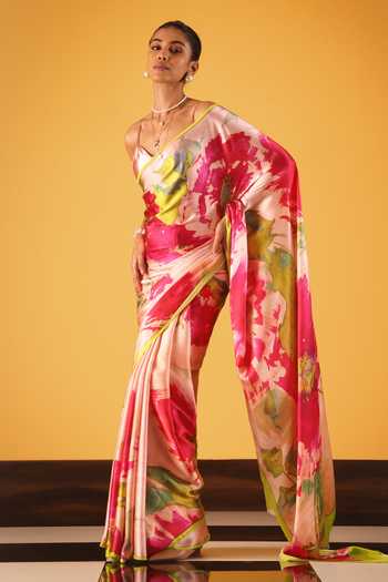 Satya Paul_Pink Silk, Georgette, Satin Vienna Sunset Printed Saree _Online_at_Aza_Fashions