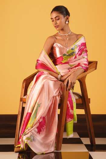 Buy_Satya Paul_Pink Silk, Georgette, Satin Vienna Sunset Printed Saree _Online_at_Aza_Fashions