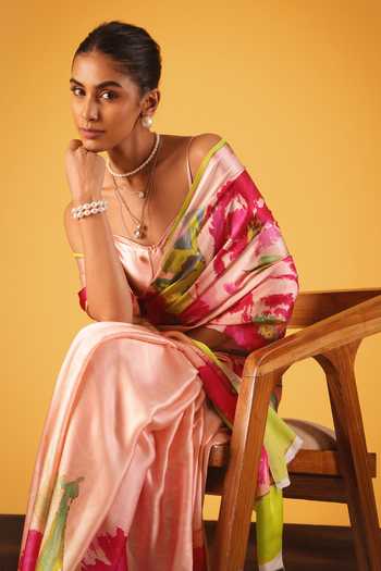 Shop_Satya Paul_Pink Silk, Georgette, Satin Vienna Sunset Printed Saree _Online_at_Aza_Fashions